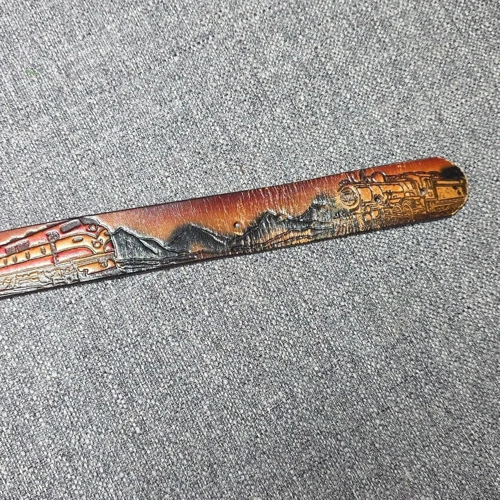 Vtg Train Western Tooled Leather Belt Mountain Buckle Steam Engines Tunnels